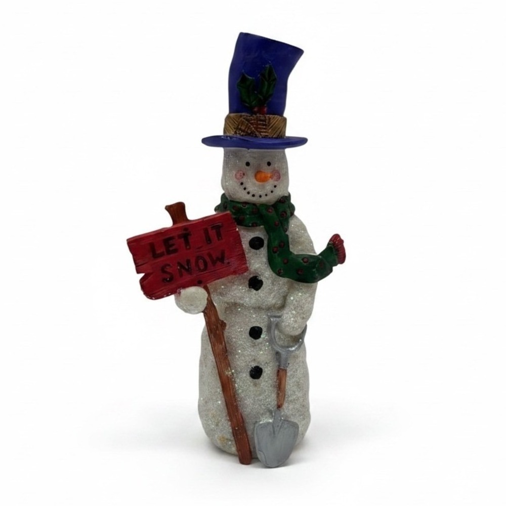 Vintage Glitter Snowman Figurine Let It Snow Sign Shovel Top Hat Christmas